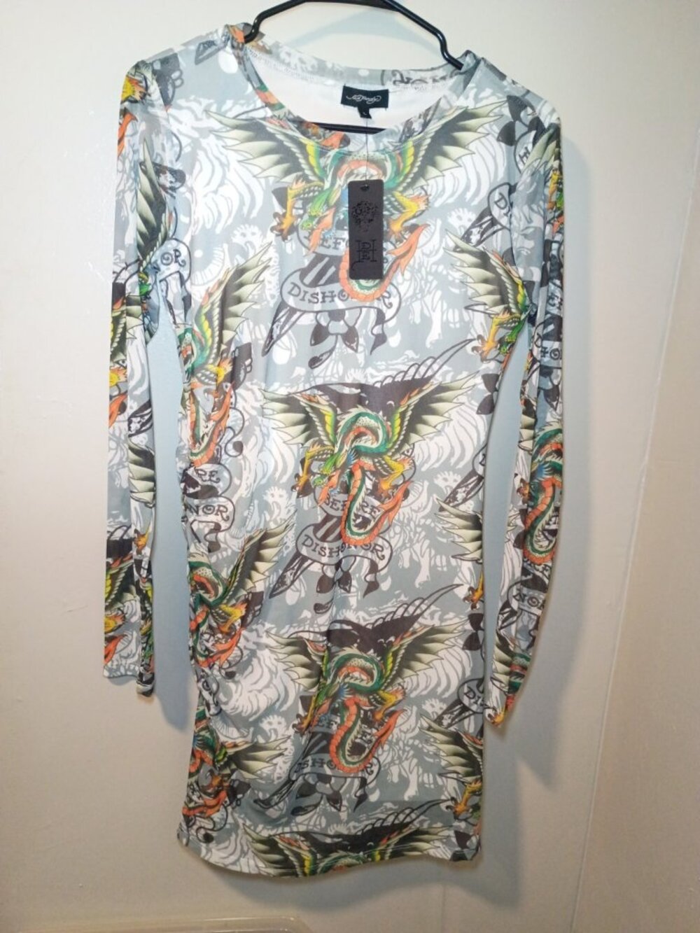 NWT Ed Hardy Womens White Dragon Wings Y2k Dress size L mesh lined ruched